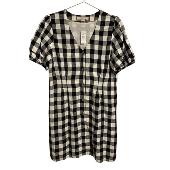 LOFT Dresses & Skirts - Ann Taylor Loft Black & White Gingham Button V-Neck Dress Size 12 NWT